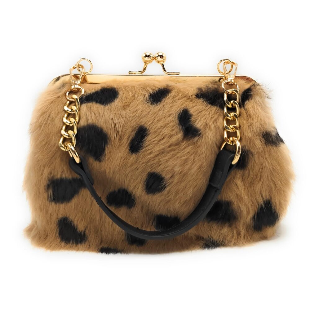 8030 Elegant Leopard Print Rex Rabbit Fur Handbag with Interchangeable